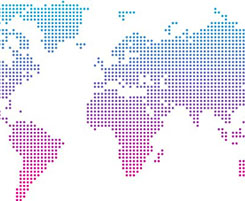 Grafik: Weltkarte aus Pixeln im blau lila Farbverlauf auf weißem Hintergrund
