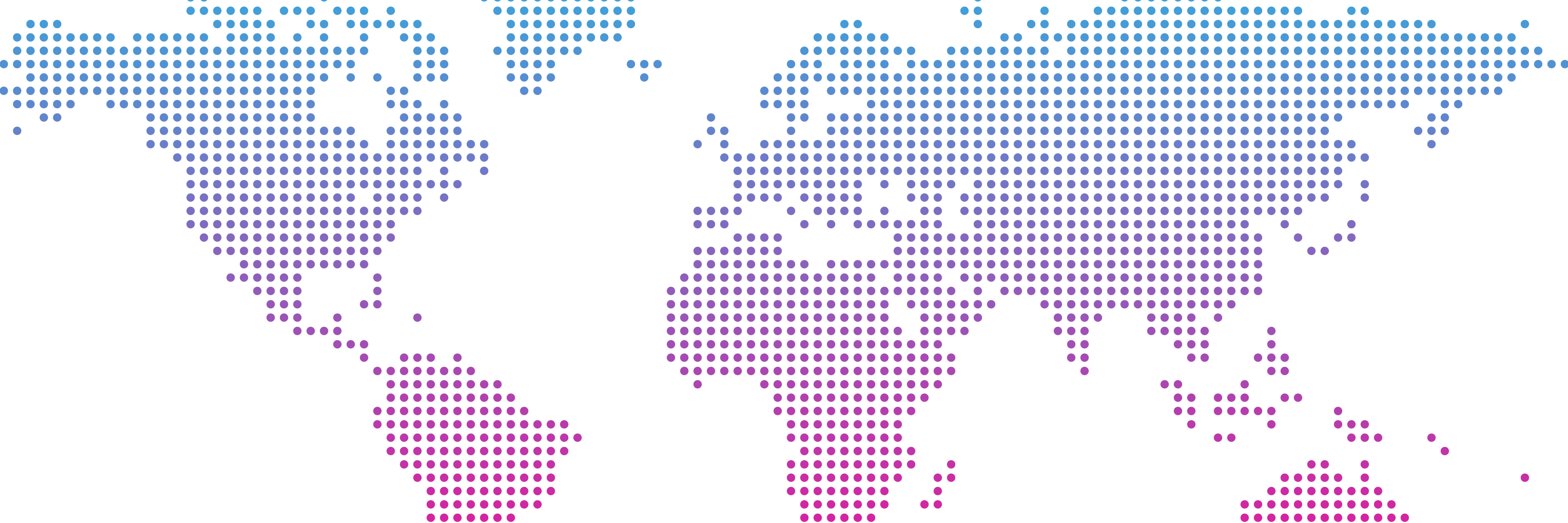 Grafik: Weltkarte aus Pixeln im blau lila Farbverlauf auf weißem Hintergrund
