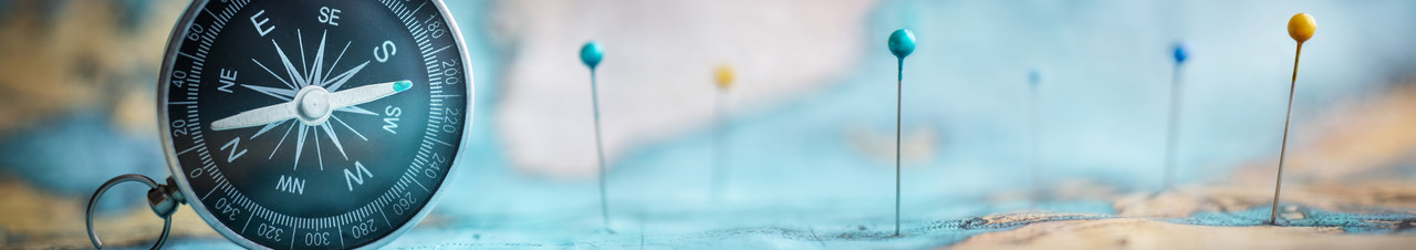 Bild: ein Kompass vor einer Karte. In der Weltkarte stecken Pinnadeln.