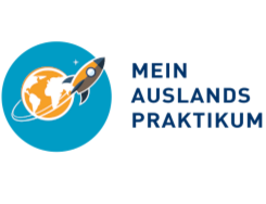 Logo: Das Logo MeinAuslandspraktikum. Eine Rakete fliegt um einen Globus. Daneben der Schriftzug MeinAuslandspraktikum.