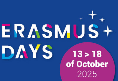 Graphik: Auf blauem Hintergrund ist auf der linken Seite der Schriftzug "Hashtag Erasmus Days 13. bis 18. Oktober 2025" zu lesen. Auf der rechten Seite ist das Motto "Live our values, inspire our future" zu lesen.