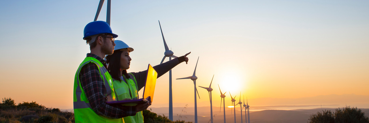 Foto: Auszubildende und Ausbilder vor Windkraftanlagen. Auszubildende zeigt in die Ferne.