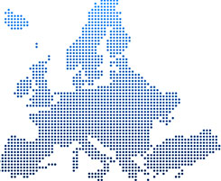 Grafik: Europakarte aus Pixeln im blauen Farbverlauf auf weißem Hintergrund