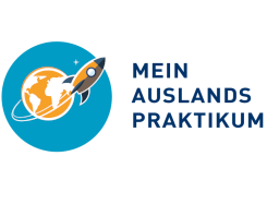 Logo: Das Logo MeinAuslandspraktikum. Eine Rakete fliegt um einen Globus. Daneben der Schriftzug MeinAuslandspraktikum.