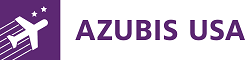 Logo: Schriftzug Azubis USA neben einem Flugzeug